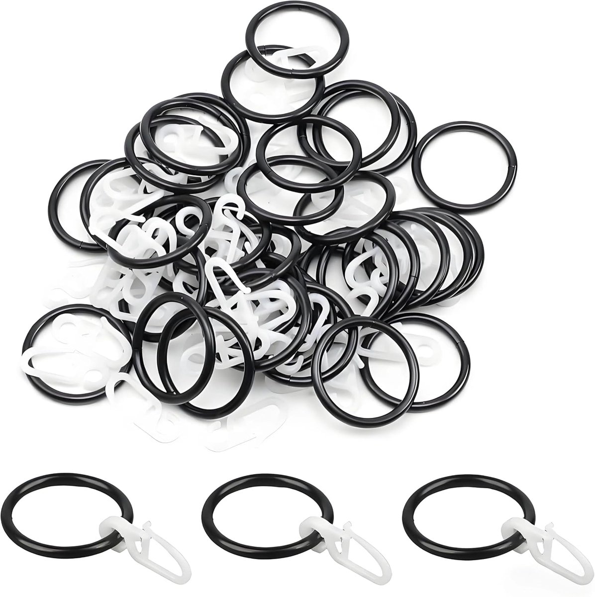 SnelShoppen - 50 Stuks Zwarte Gordijnringen met Haken, Binnendiameter 30 mm, Kunststof Haken, Sterk en Roestvrij, Geschikt voor Douchegordijnen en Gor