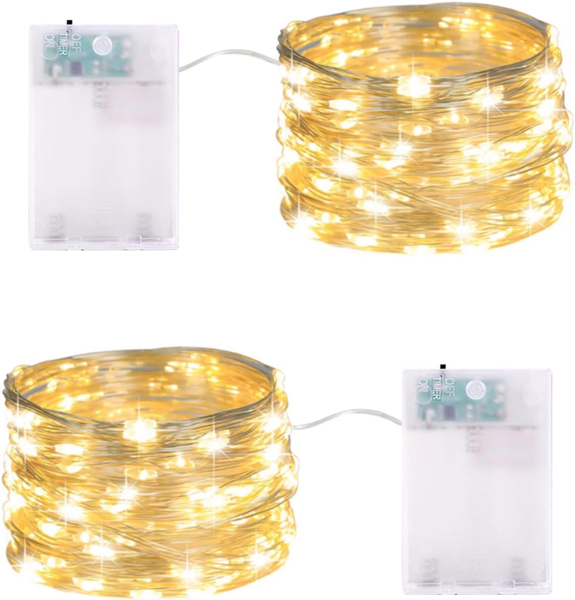 SnelShoppen - 2 x LED Fairy Lights Batterij, 2 m, 20 LEDs, Micro LED Sfeerverlichting met Timer, Waterdicht, Zilver Draad voor Kerst, Feest, Bruiloft,