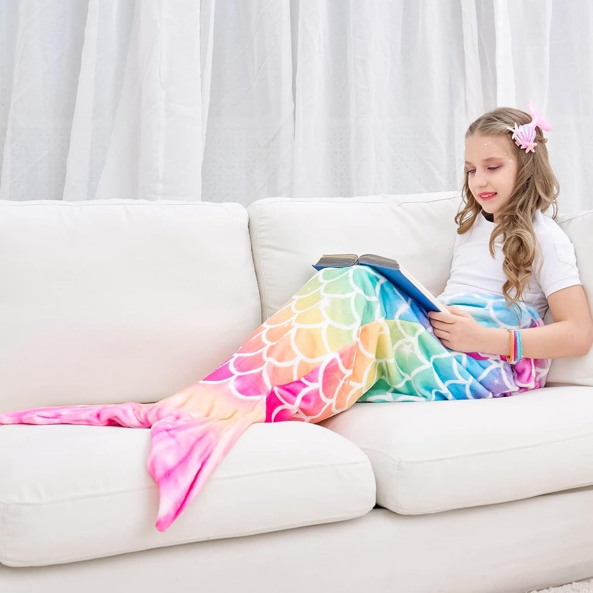 SnelShoppen - Mermaidsleefde Deken - Pluche Wearable Blanket voor Meisjes, Kinderen & Tieners, Regenboog Kleuren, 140cm x 60cm, Zachte Flanel Fleece,
