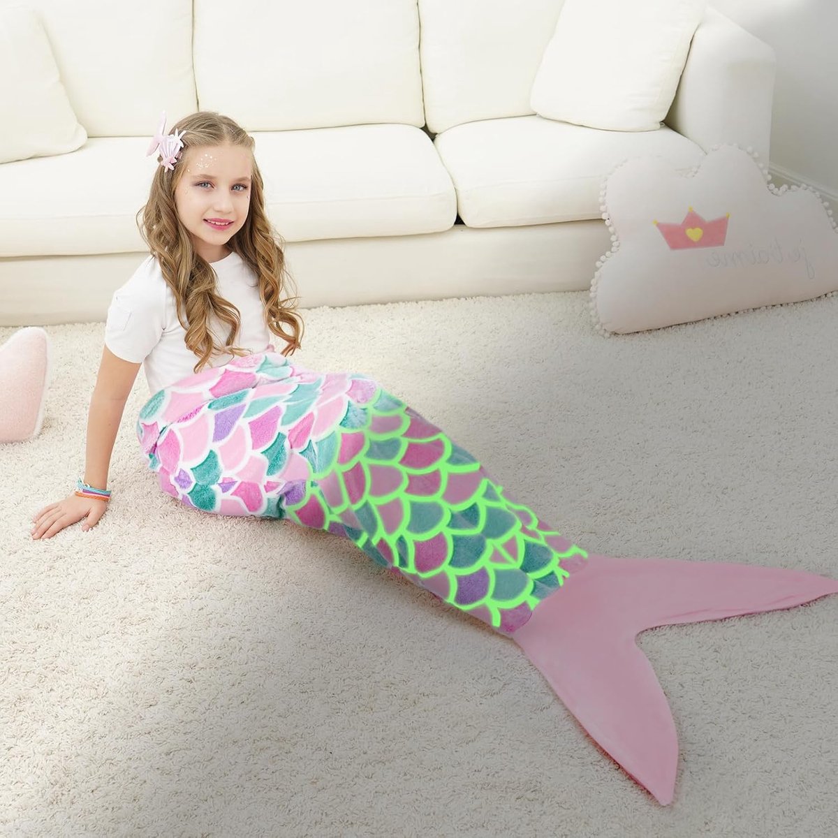 SnelShoppen - Luminous Mermaid Tail Blanket voor Kinderen - Zachte Flanel Fin Dekens in Regenboogkleuren - 140 x 60 cm - Perfecte Verjaardag en Kerstc