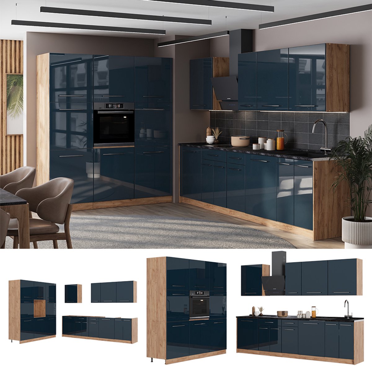 Vicco Complete keukeneenheid Fame-Line, Donkerblauw hoogglans/Goudkleurig Eiken, 460 cm zonder werkblad
