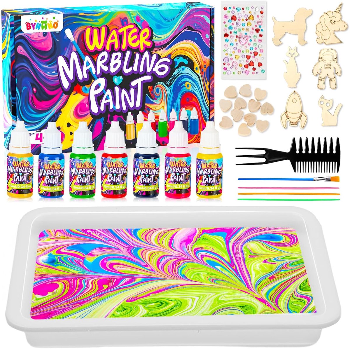 SnelShoppen - Water Marble Paint Set voor Kinderen 4-12 Jaar, Creatieve DIY Schilderset met 7 Felgekleurde Verf, Perfect Cadeau voor Jongens en Meisje