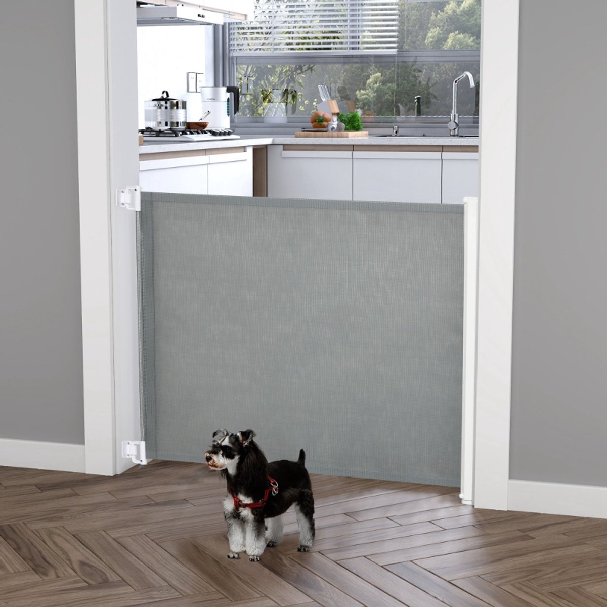 FloraGrace Hondenhek – Oprolbaar Veiligheidshek – 115 x 82,5 cm – Metaal en Kunststof – Grijs – Voor Trap, Deuropening en Gang