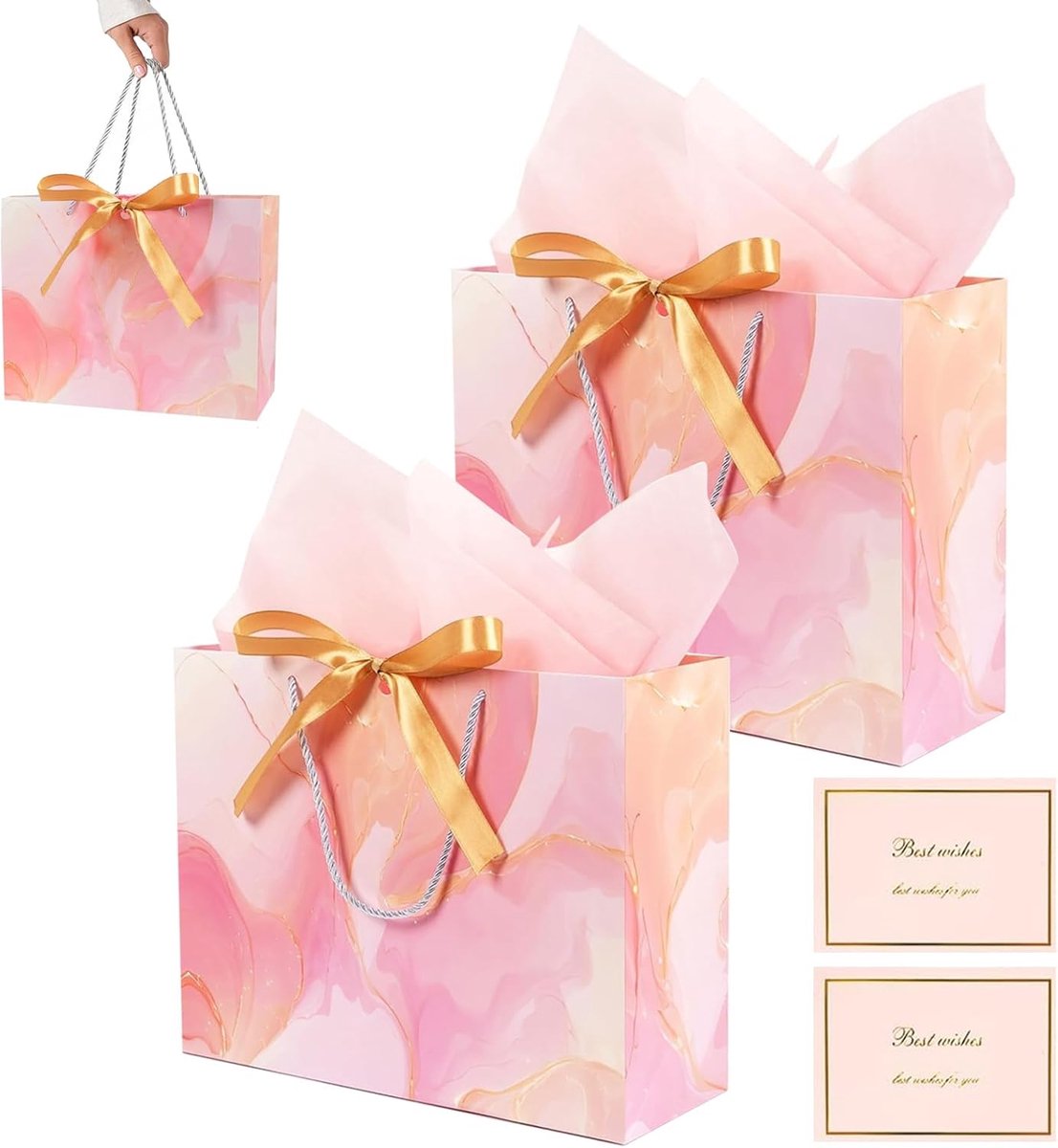 SnelShoppen - 2 Stuks Medium Cadeautassen met Handvatten 25x12x20cm Roze Marmer Ontwerp Papieren Cadeautas met Wikkelpapier en Kaarten voor Verjaardag