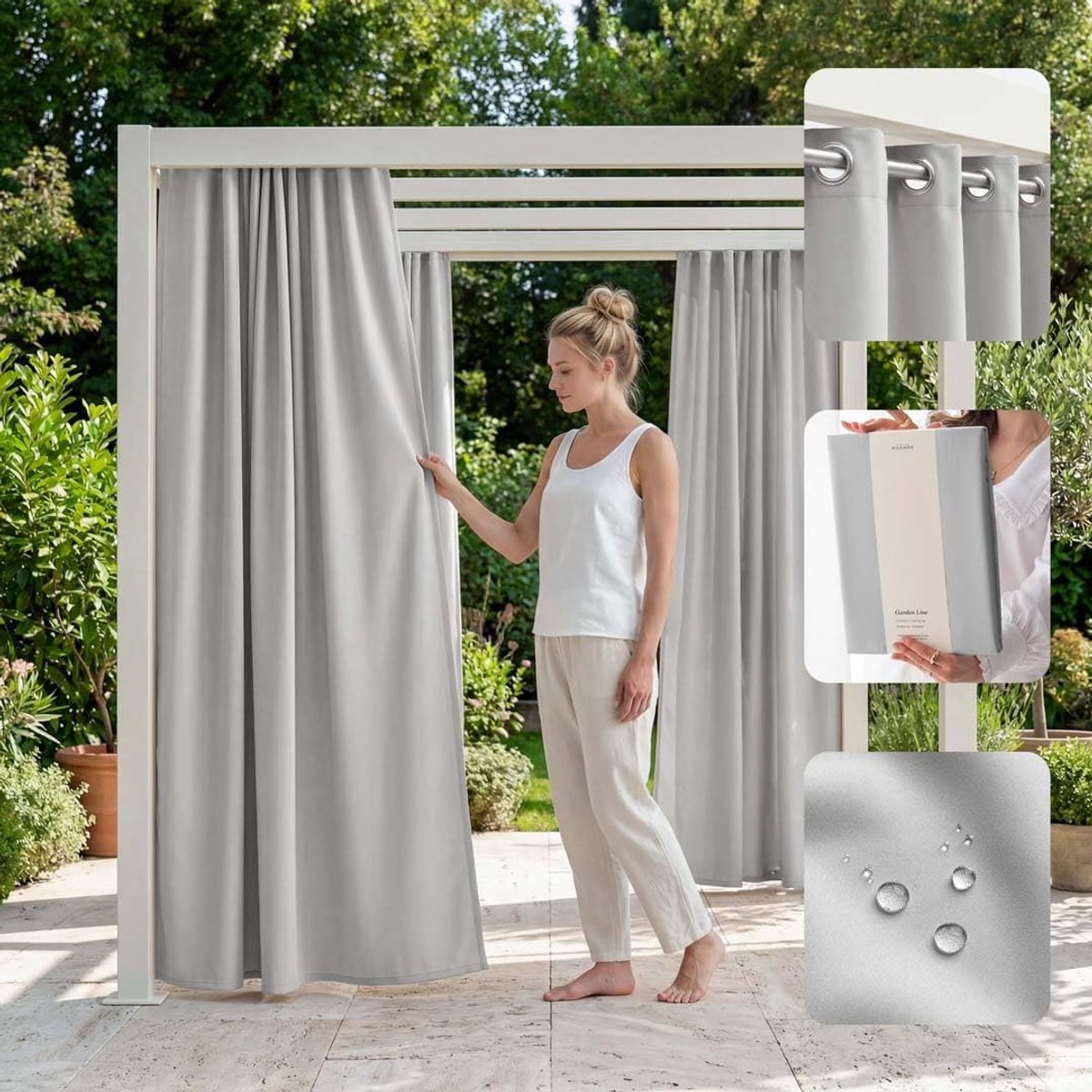 SnelShoppen - Tuin Gordijn met Oogjes, Weerbestendig, Waterproof, Privacy Scherm, Zonbescherming voor Tuin, 155 x 220 cm, Lichtgrijs