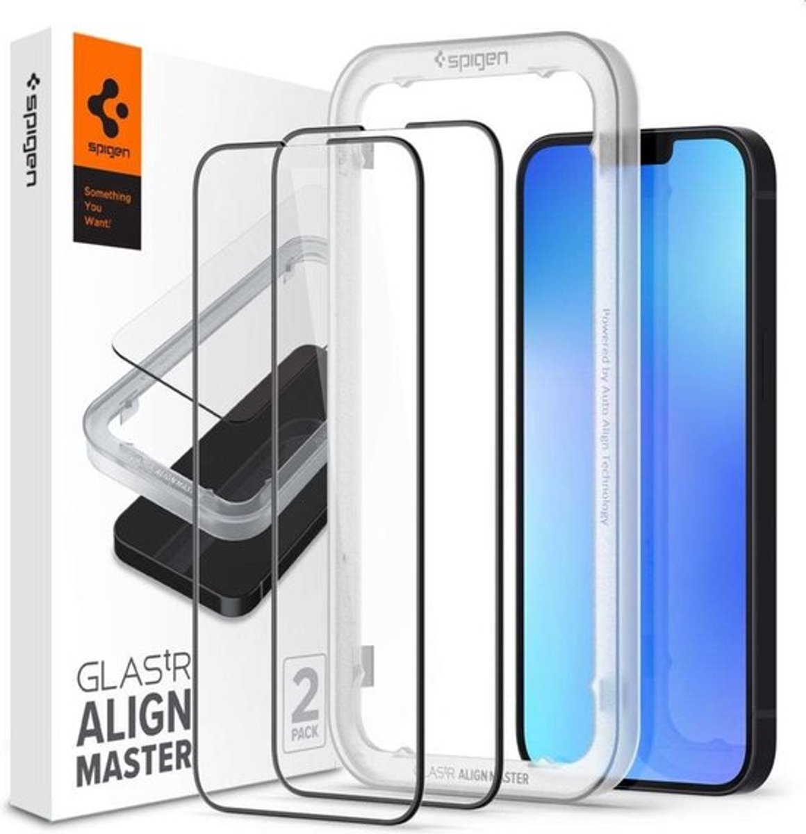 Geschikt voor Spigen Apple iPhone 14 AlignMaster Full Cover Glass Protecor - Zwart - 2 Stuks