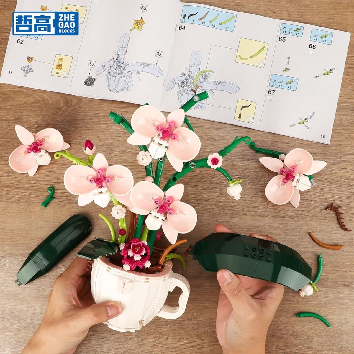 Zhe Gao 3005 Roze Orchideeën bloemen bouwset | Botanical Flowers Collection modelbouw | Classic Creator STEM speelgoed bouwpakket voor volwassenen en kinderen | Educatief kunstbloemen decoratie | Niet geschikt voor Lego | bouwdoos met 567 bouwstenen — afbeelding 10