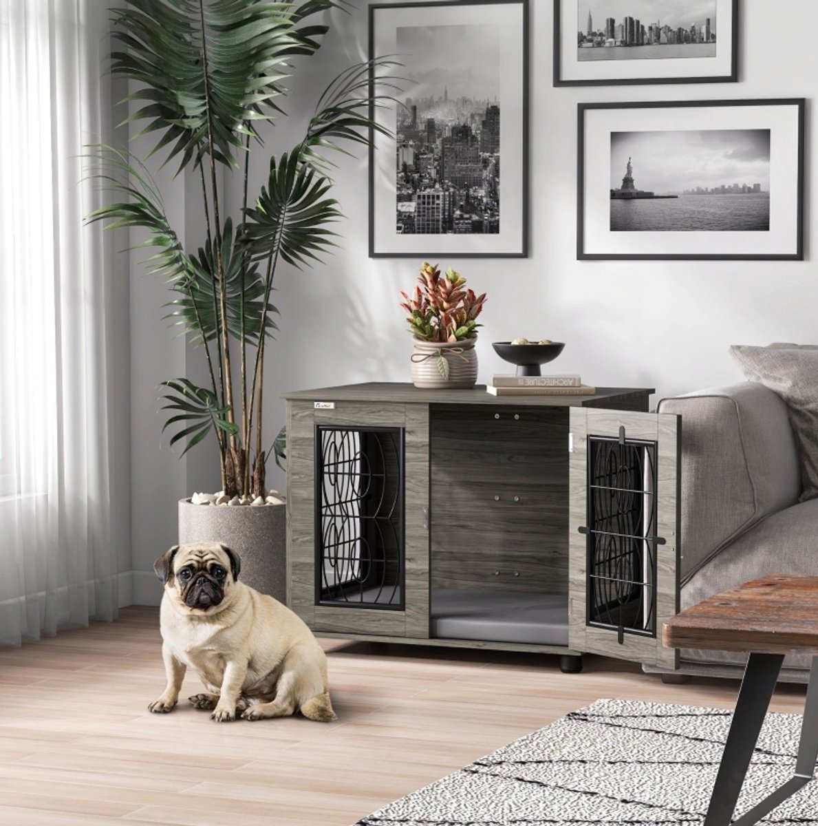 DESMIU Hundebox – 80 x 56 x 63 cm – Met Wasbaar Liegekussen – Hout En Metaal – Grijs – Voor Middelgrote Honden – Met Opbergblad
