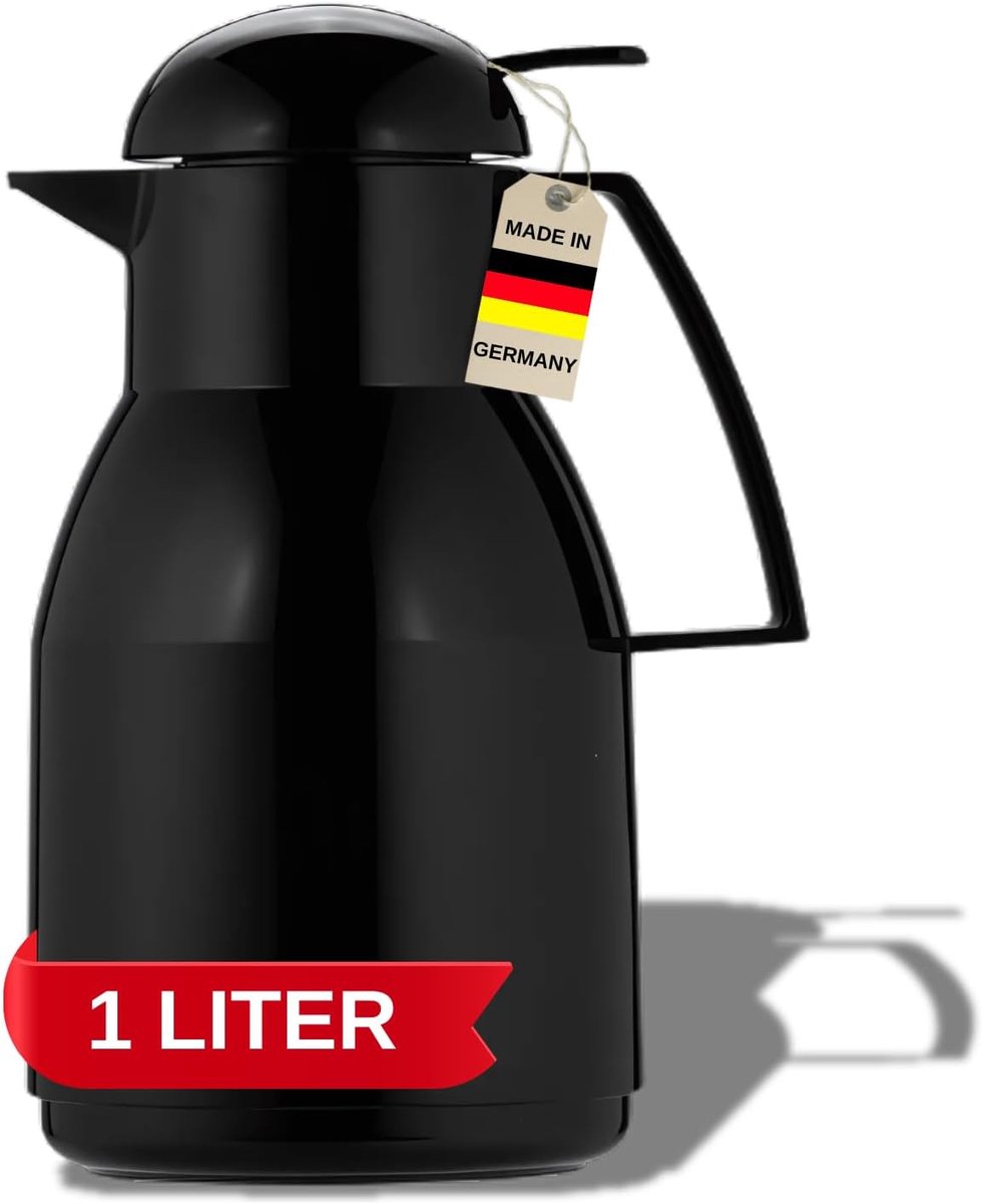 SnelShoppen - Thermosfles 1 L - Zwart - Hoge kwaliteit kunststof - Ideaal voor camping, tuin, keuken, feest - Praktische eenhandige bediening