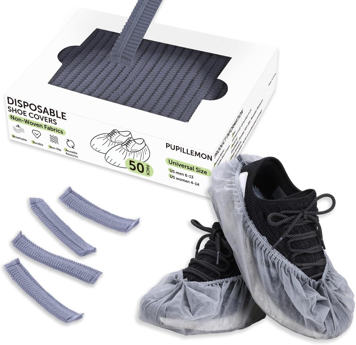 SnelShoppen - Wegwerpschoenhoezen voor Binnengebruik, Ademend, Duurzaam, Antislip, Universele Maat tot 13 US Mannen, 50-pack Grijs