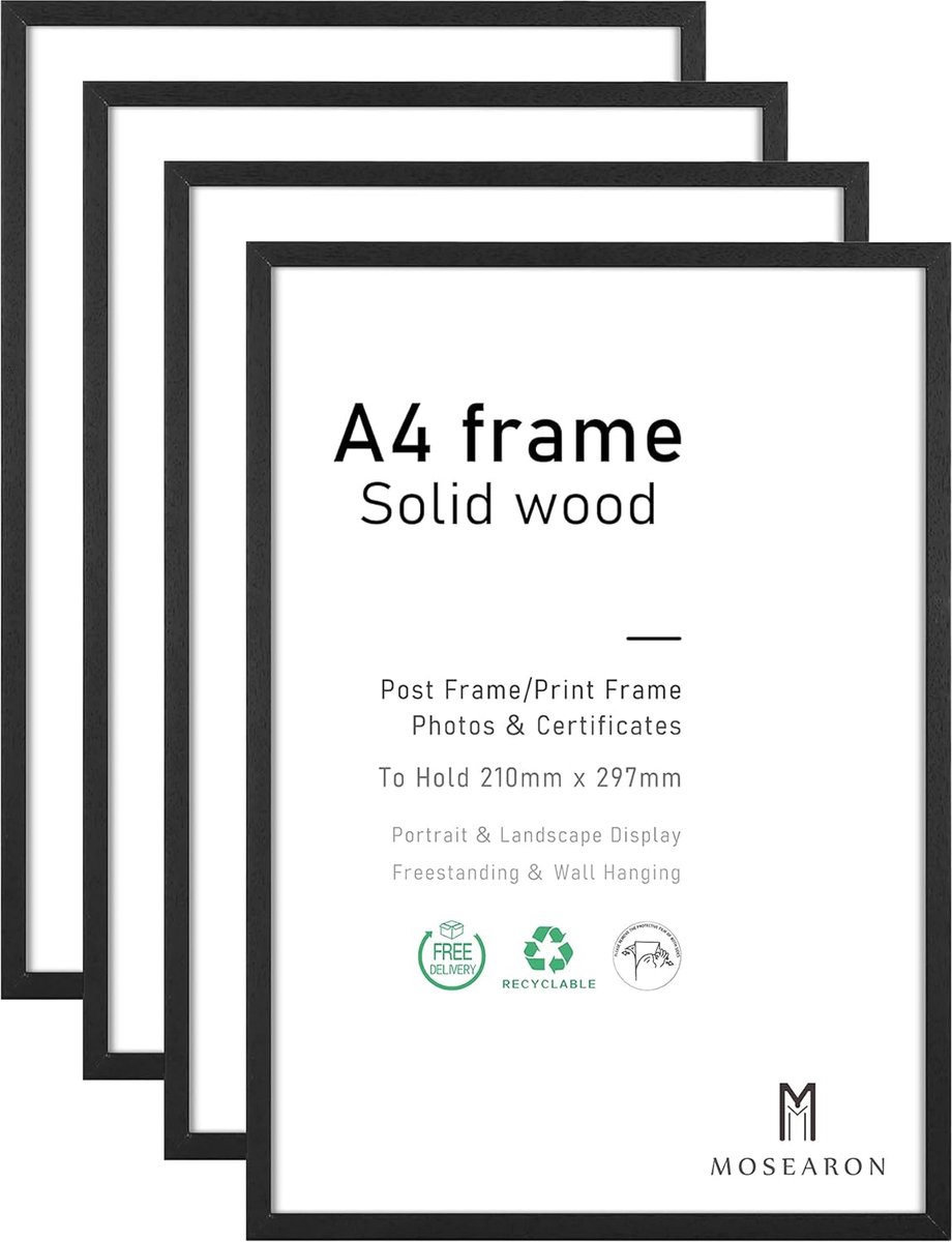 SnelShoppen - Set van 4 A4 Houten Fotolijsten voor Certificaat of Foto, 21 x 30 cm, Zwart, Wand- of Tafelgebruik, Perfect voor Thuis of Kantoor