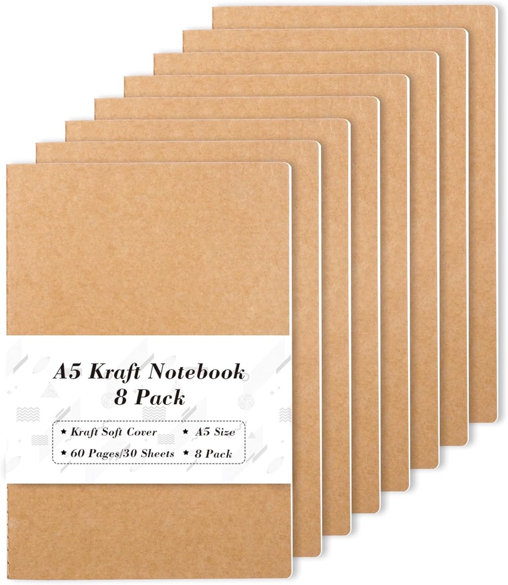 SnelShoppen - 8 Stuks A5 Notitieboeken Kraftpapier, 60 Pagina's Gelijnd Notitieblok, Zacht Bruin Kaft, Perfect voor Studenten, Reizigers, Plannen en S