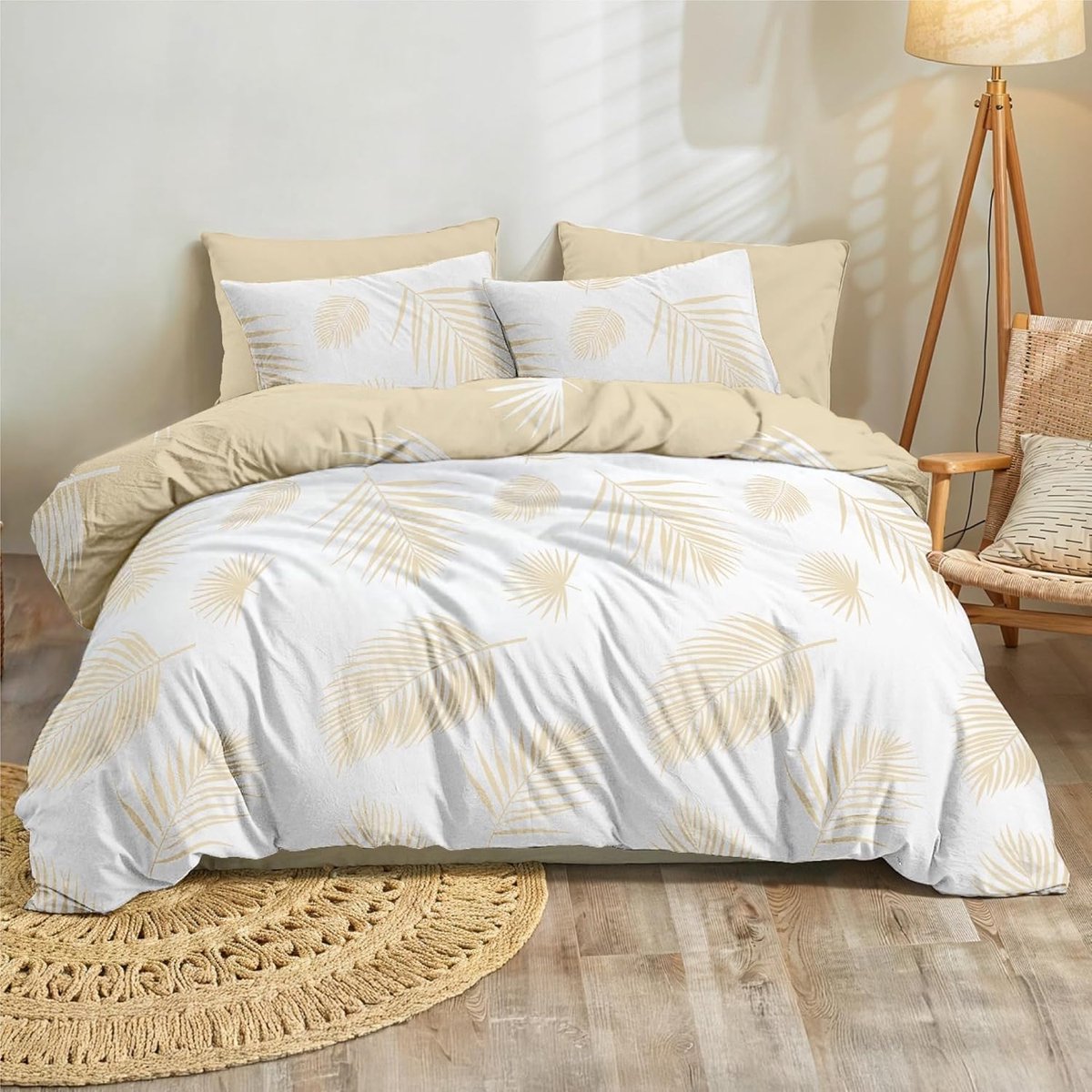 SnelShoppen - Duvet Dekbedovertrek 240 x 260 cm met 2 Kussenslopen 65x65 cm, Beige Witte Tropische Palmbladeren, 240x260 Bedlinnen met Rits, Dubbel Be