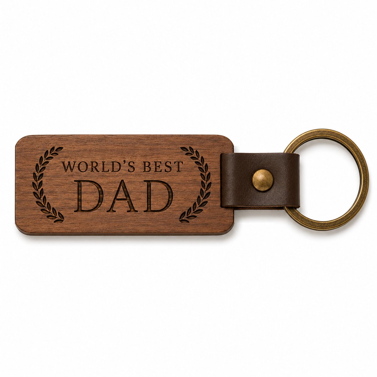 Houten Sleutelhanger met Gravure – World's Best Dad – PU Leer– Cadeau voor Automobilist, vader,vriend