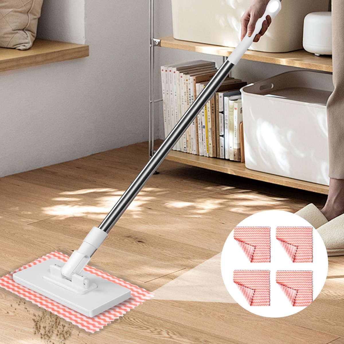Vloerreiniger met Dweilpads - Platte Dweil met Drukklemsysteem - Zelfwringende Vloerdweil - Inclusief 4 Herbruikbare Microvezelpads - Geschikt voor Nat & Droog Reinigen