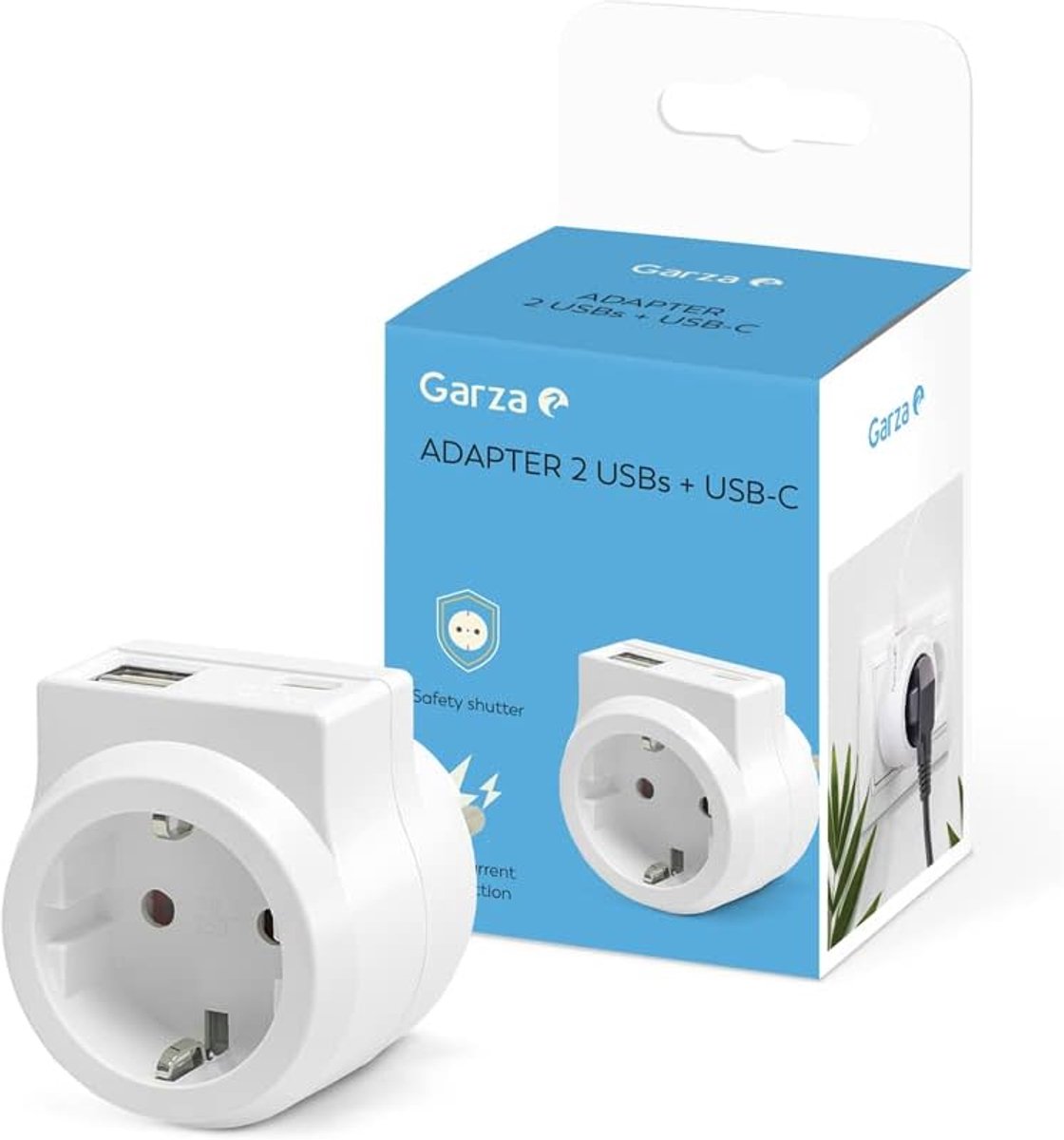 SnelShoppen - Socket adapter met 1 Schuko stopcontact, 2 USB poorten en 1 USB-C poort, kinderveilig, ideaal voor thuis en op reis, witte kleur