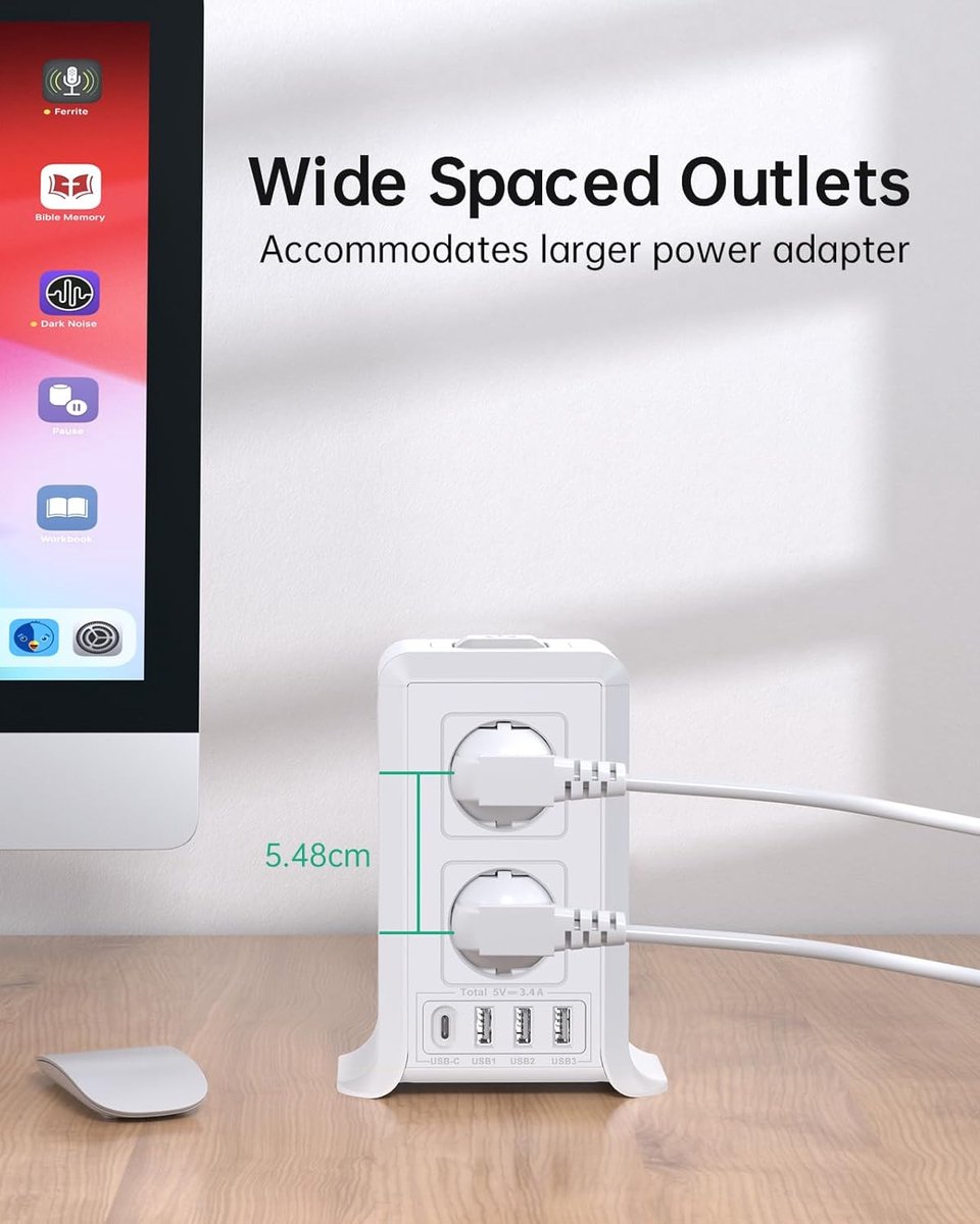 SnelShoppen - 3M Tower Power Strip USB Power Strip met 8 AC Sockets en 4 USB Poorten - Stekkerdoos met Overspanningsbeveiliging en Schakelaar voor Thu