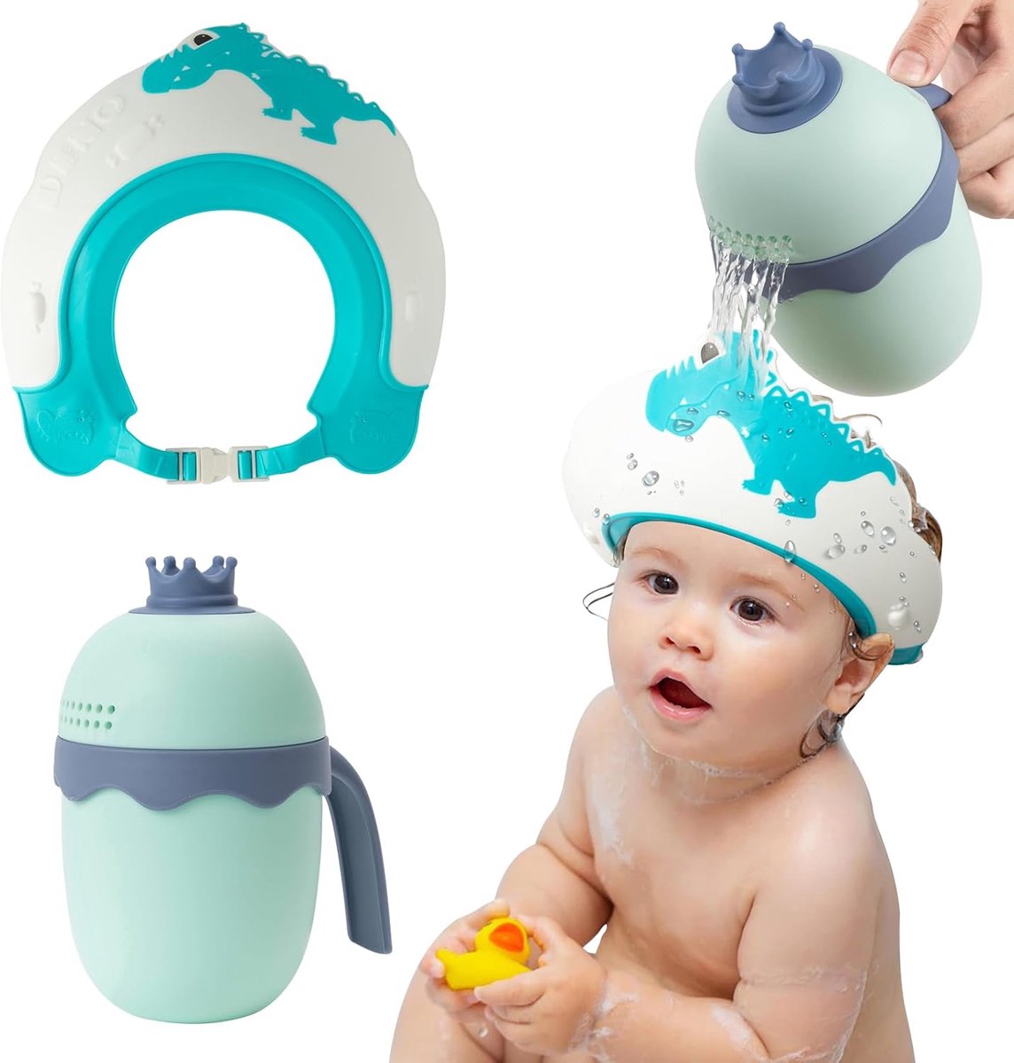 SnelShoppen - Baby Douchekap met Shampoo Rinse Cup, Verstelbare Peuter Haarwas Schild Hoed voor Kinderen 6 Maanden - 9 Jaar (Dino Blauw)