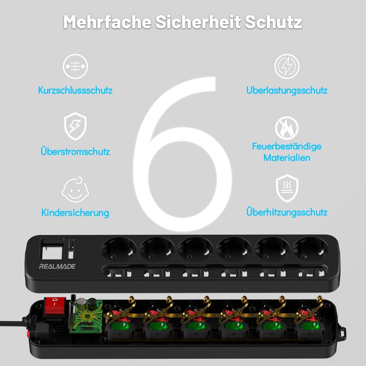 SnelShoppen - 6-Way Power Strip met Afzonderlijke Schakelaars, 2m Plat Snoer, USB Type-C, Kindveilig, Zwart, Ideaal voor Thuis, Kantoor, Camping
