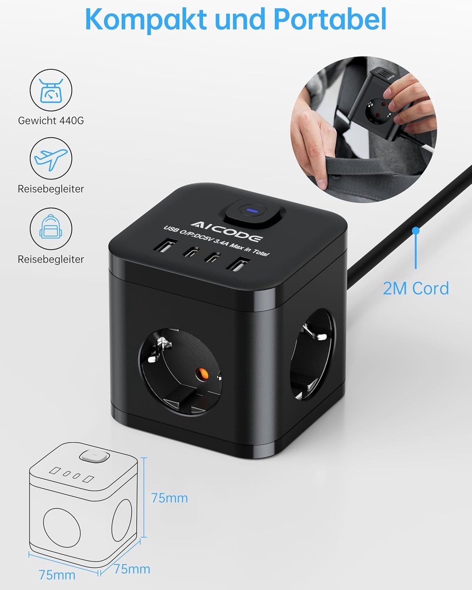 SnelShoppen - Stekkerdoos met 3 Stopcontacten en 4 USB Poorten (2x USB-C) - Kindveilig, Compact, Huishoudelijk en Reisgebruik, 2m Verlengsnoer met Ene