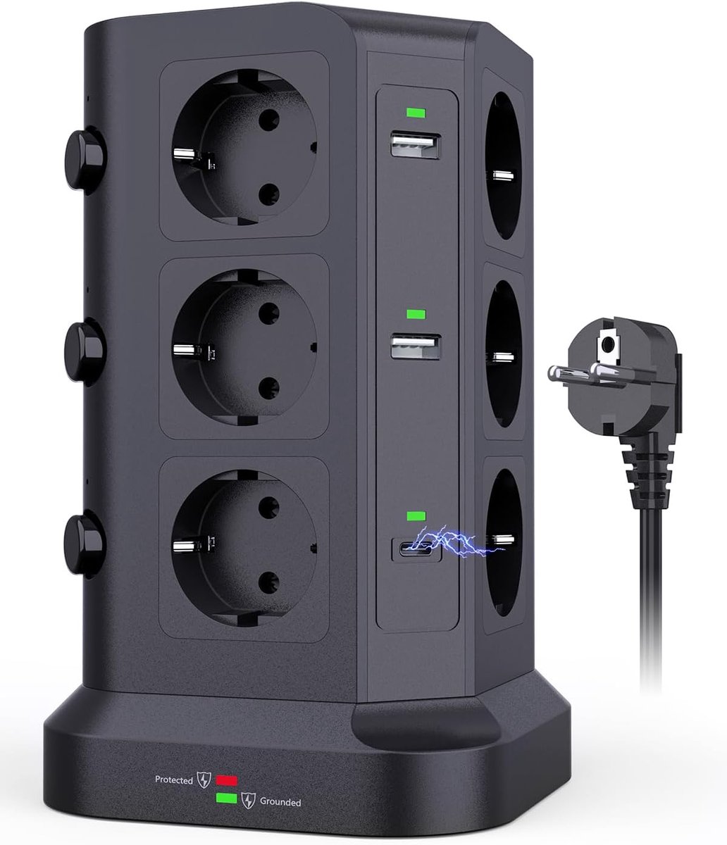 SnelShoppen - Stekkerdoos met 12 Stopcontacten, 4 USB A en 2 USB C Snellaadpoorten, Overspanningsbeveiliging, Perfect voor Thuis en Kantoor, 2m Kabel,