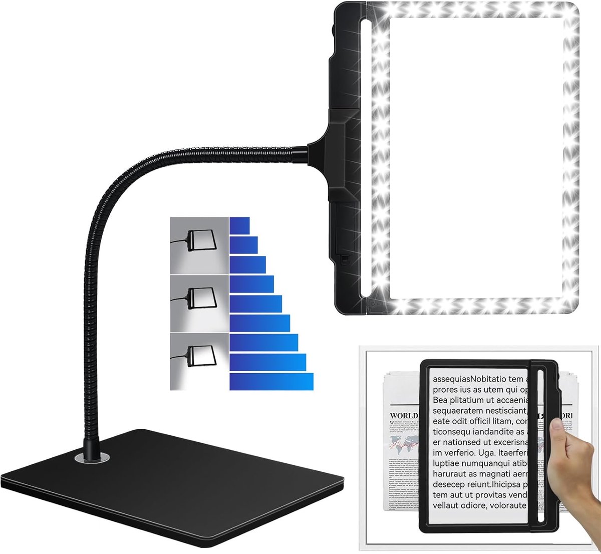 SnelShoppen - 5X Vergrootglas met Licht en Stand, Flexibele Zwanenhals Vergrootlamp met 42 LED, Verstelbare Helderheid, Afneembaar Groot Paginavergroo