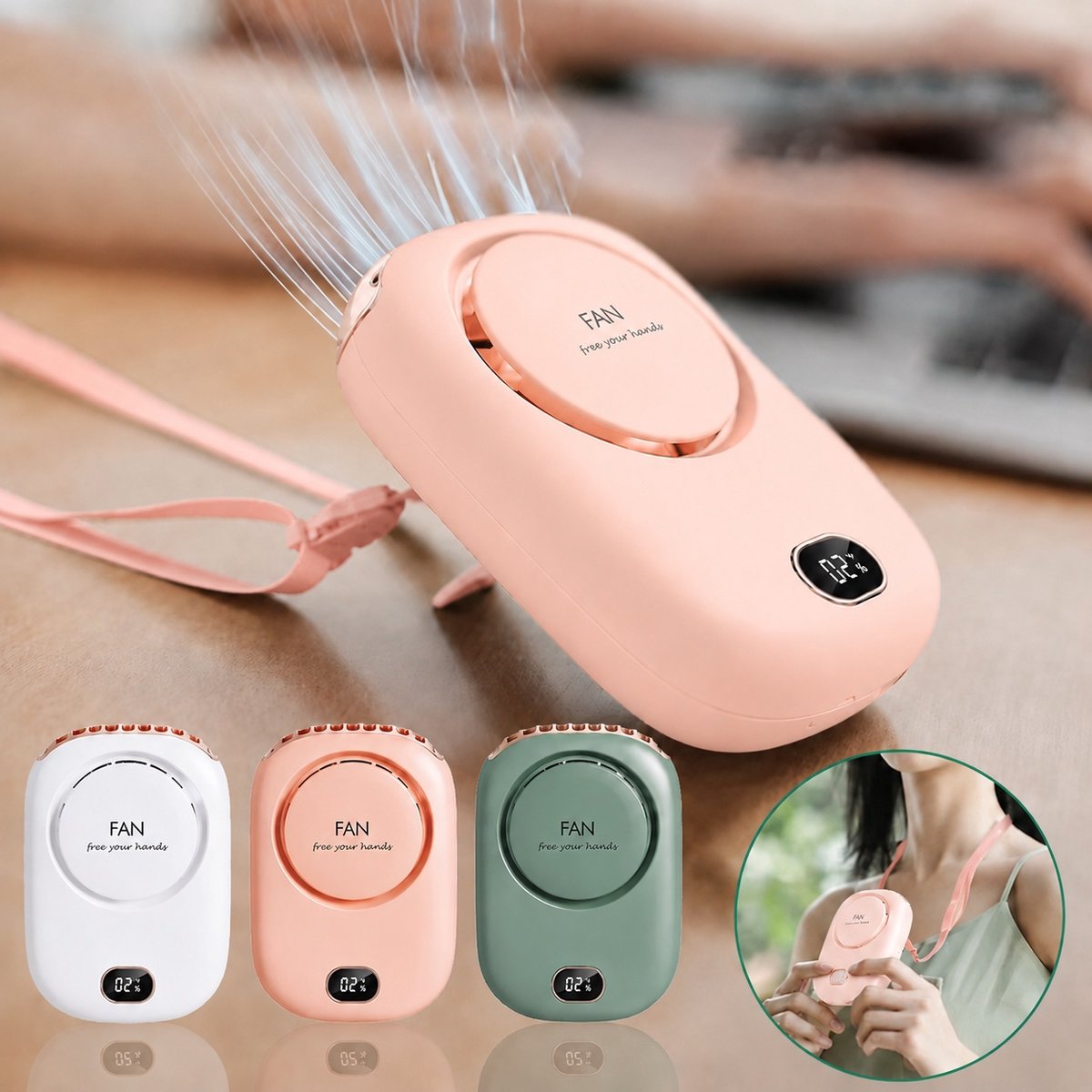 Draagbare Nekventilator Oplaadbaar Roze– Mini Ventilator met Clip & Tafelstand – Ultra Stil – USB Ventilator met 3 Snelheden – Verkrijgbaar in Wit, Roze & Groen