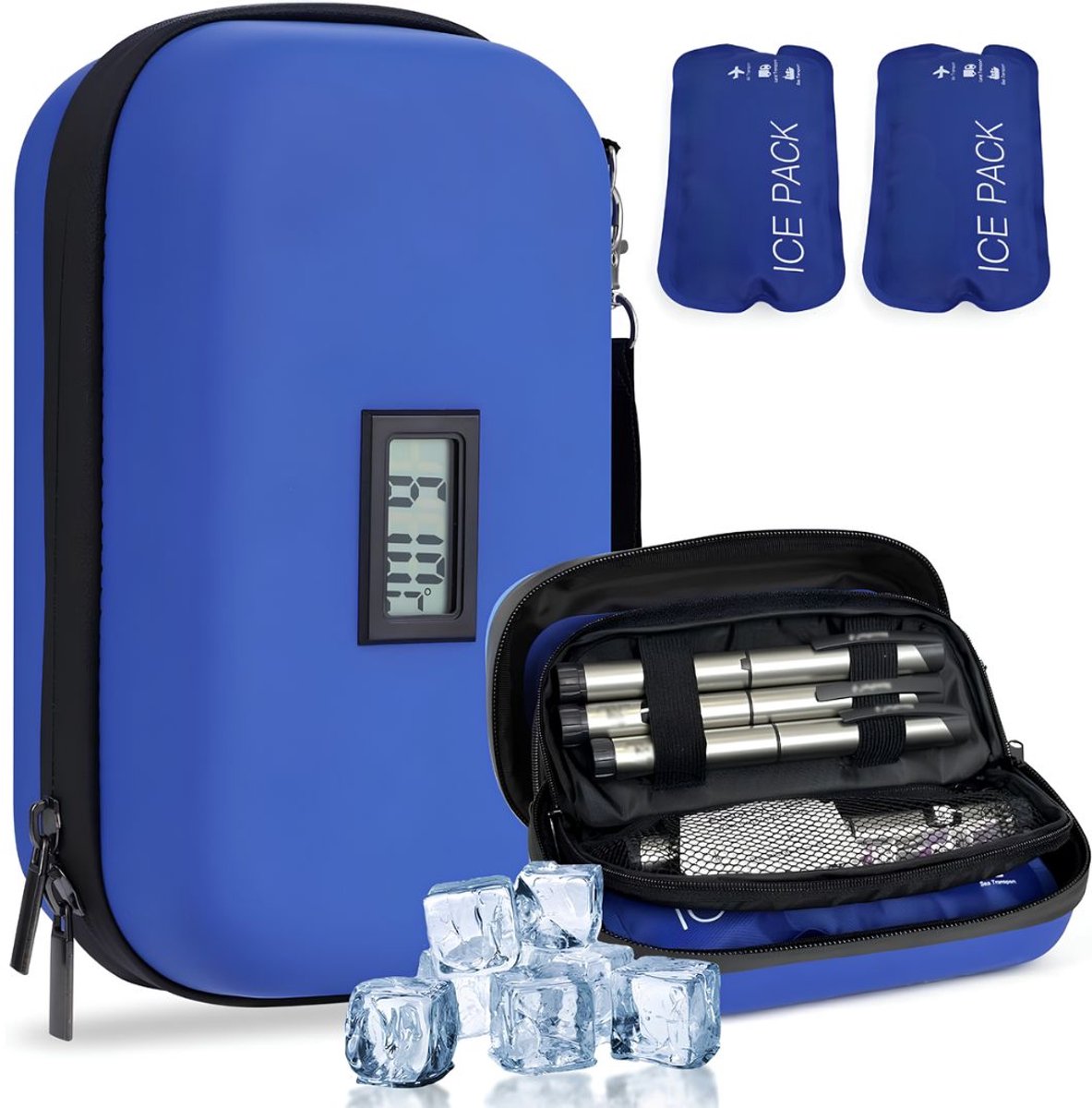 JCP® Insuline Koeltas - Draagbare Geïsoleerde Koeltas - Geïsoleerde Koeltas voor Diabetici met Thermometer - Blauw - 21cm x 13cm x 8cm