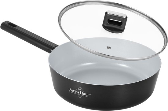 Swiss Haus® SCDF28B Hapjespan met Deksel – Ø28 cm / 4.4L - Inductie & Alle Warmtebronnen – PFAS Vrij – Braadpan – Antiaanbaklaag – Zwart