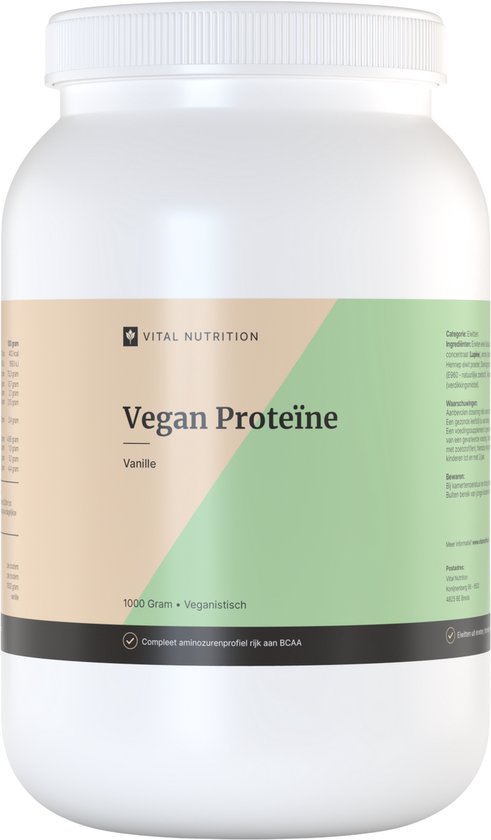 Pot Vital Nutrition Vegan Proteïne in vanillesmaak, 1000 gram. Plantaardige eiwitblend, compleet aminozurenprofiel.