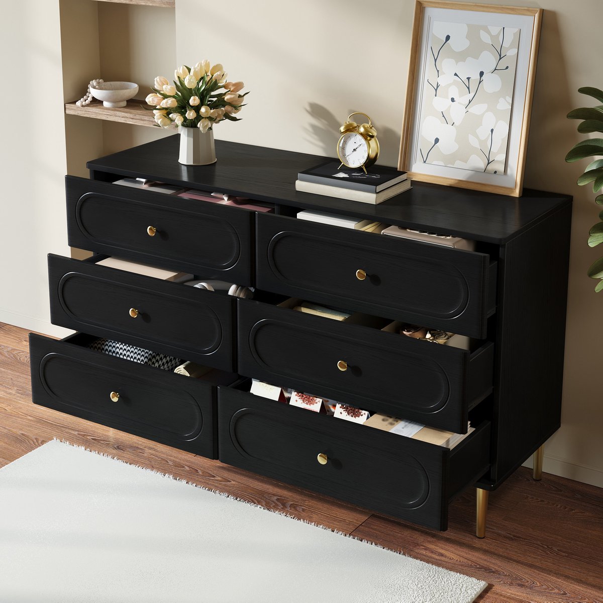 Wishdor - Dressoir - 6 lades - ovale fronten en metalen poten - modern - woonkamer slaapkamer hal - houtlook - zwart - 120 x 40 x 75 cm