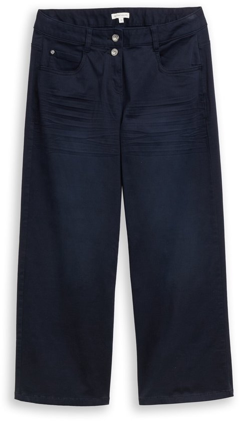 Donkerblauwe culotte met twee knopen, zichtbaar op witte achtergrond.