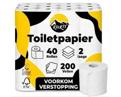 KURTT - 40 rollen Wc papier (2-laags) Extra Zacht Cellulose 200 vellen per rol - Ecolabel, FSC…