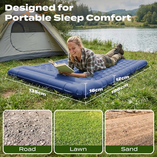 Thijox - Opblaasbare Campingslaapmat XXL met Kussen, Waterdicht en Scheurbestendig 50D Nylon, 196x135x12cm, Ideaal voor Kamperen, Festivals, en Buiten — afbeelding 2