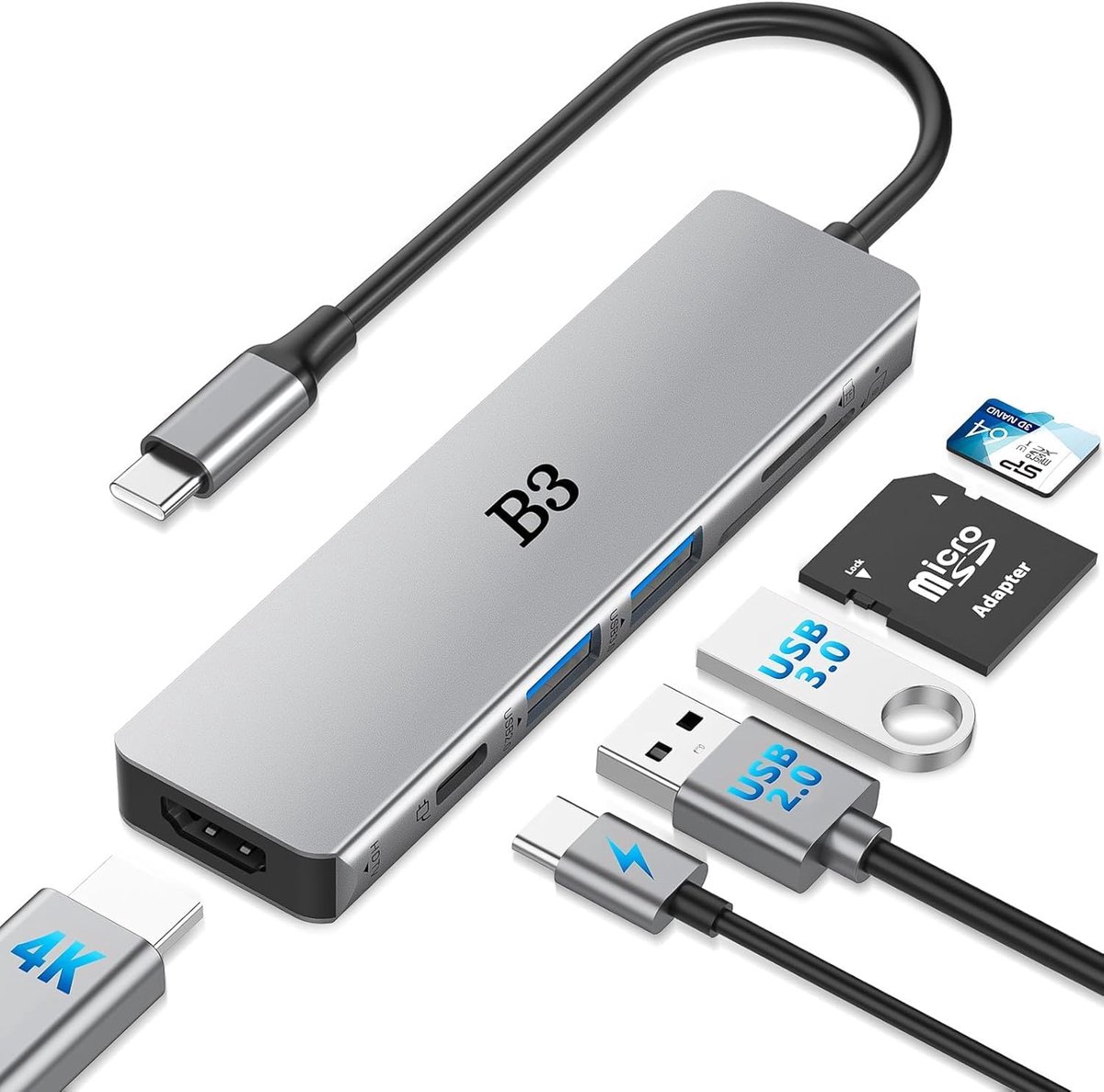 Thijox - USB C Hub 6 in 1 Multiport Adapter met 4K@30Hz, 55W PD, USB-A 3.0 & 2.0 Gegevens Poorten, TF/Micro SD-kaartlezer voor Macbook Air Pro M2 M1 i
