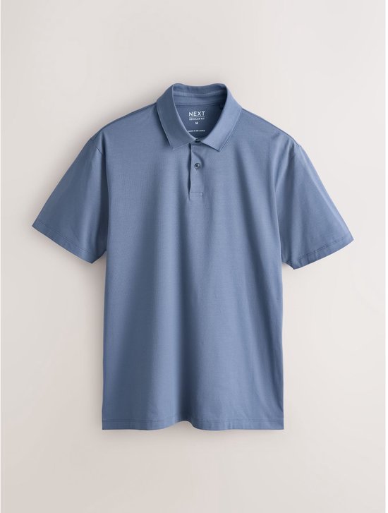 Blauw poloshirt met korte mouwen, Next regular fit, label en knoopsluiting.