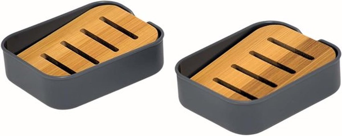 Plastic zeepbakjes met schuin aflopend plankje van natuurlijk bamboe - Set van 2 - Grijs