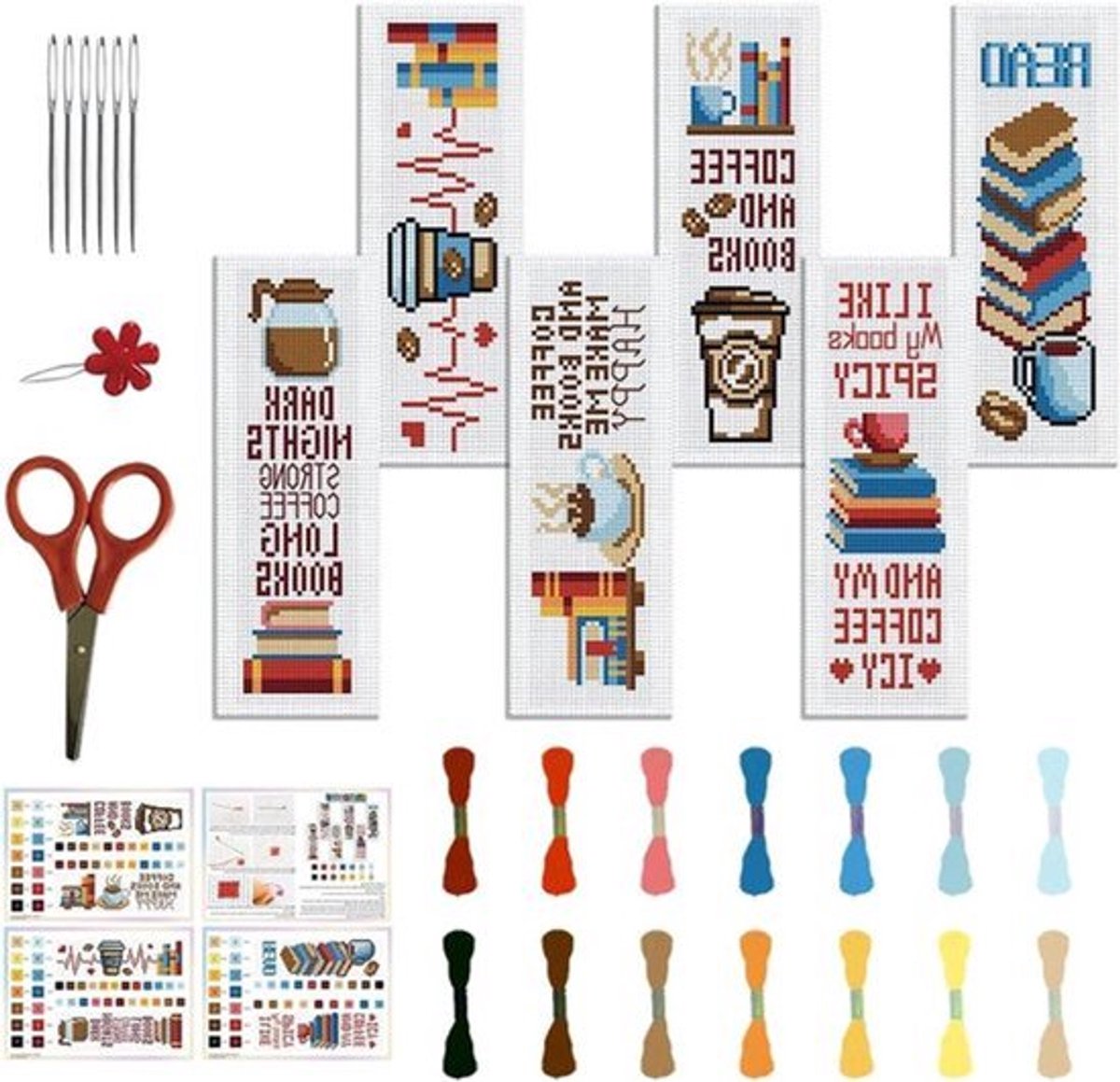 Cafetaria Kruissteek Bladwijzer Set - Koffie en Boeken Patroon - DIY Geschenk voor Volwassenen - 20.5 x 7cm