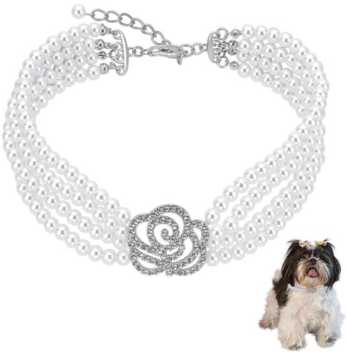 Halsband met parels voor huisdieren, 4 rijen parels, verstelbare halsbanden voor honden en katten, bling-sieraden ketting met strass roos bloem huisdieren trouwhalsband voor kleine