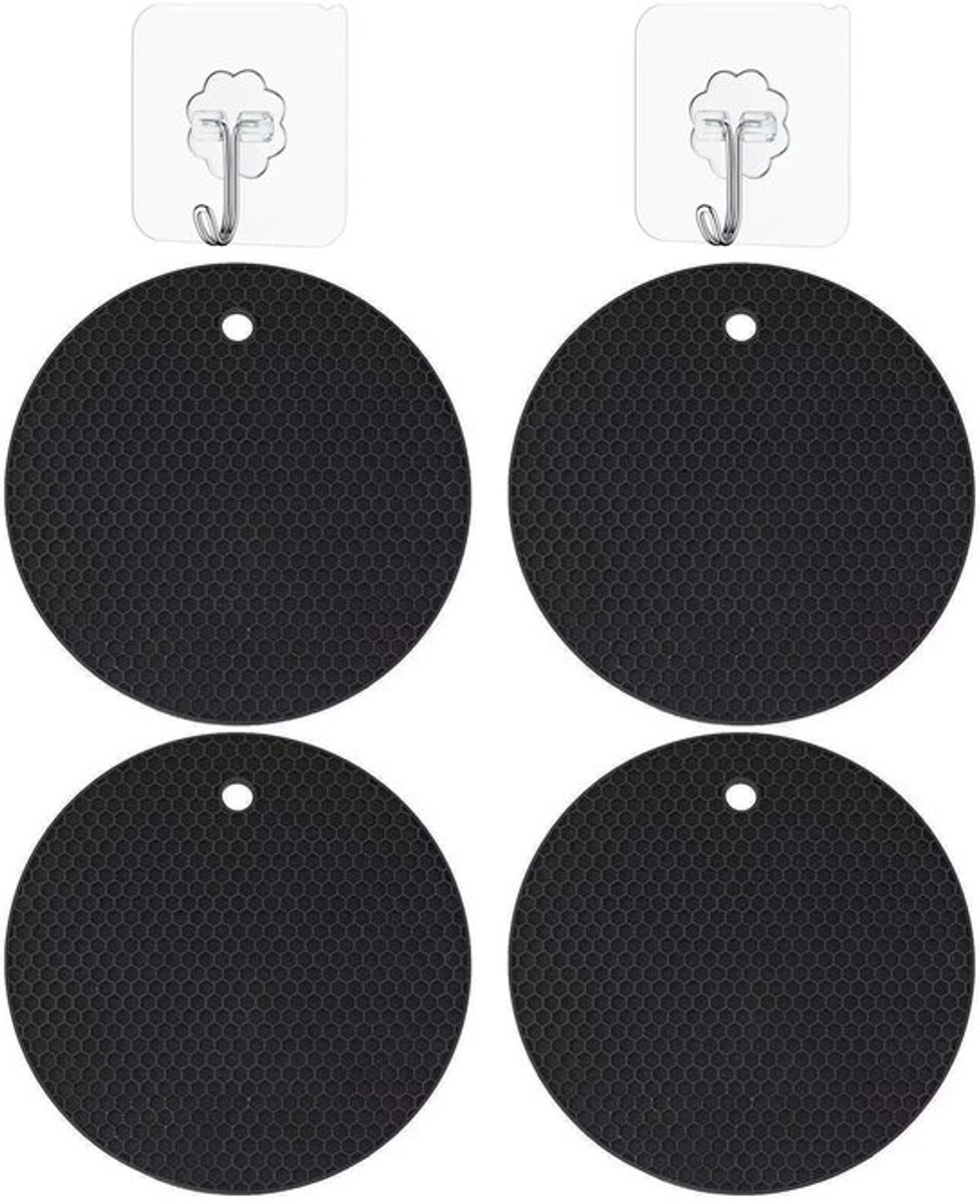 4 stuks zwarte rubberen isolerende kussens en 2 delen haak, ronde glijdende tassen, waterdichte onderzetters, accessoires voor de eettafel.