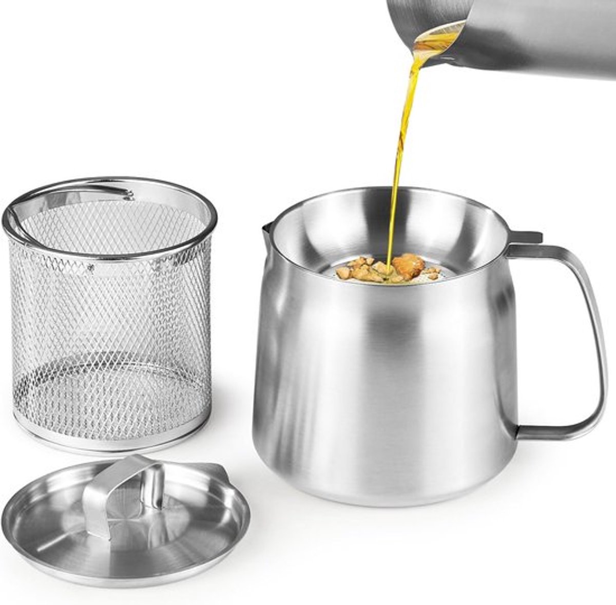 Frituurpan - Filterkan - Scheidt vetresten - Frituurpan van roestvrij staal met mand en zeef - Grote capaciteit Geschikt voor keuken, frituren, koken, kamperen, zware oliefiltercontainer - Vaatwasserbestendig - 50 oz - 1,5 L - Zilver