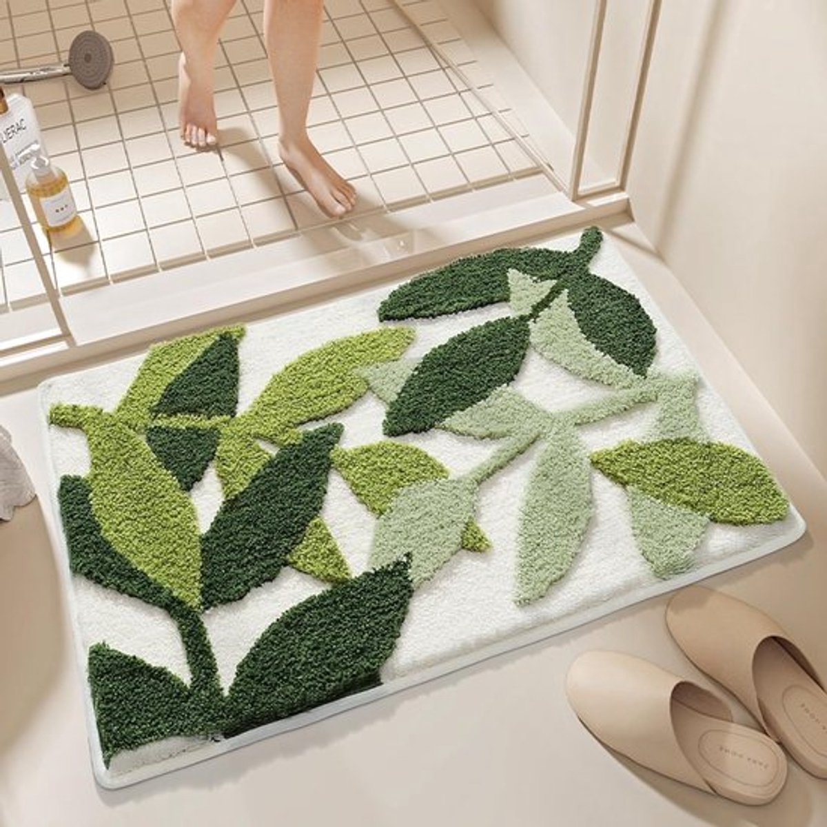 Badmat antislip - groen blad shag tapijt - Badmat - Antislipbadmat - machinewasbaar tapijt - zacht en absorberend tapijt - Wc mat - voor keuken slaapkamer woonkamer - Absorberende Badmat - indoor deurmat entree - groene bladeren - 50 * 80 cm