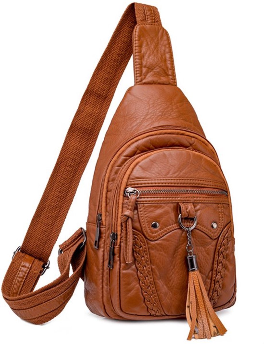 Borsttas dames - schoudertas - klein formaat - leder look - bruin