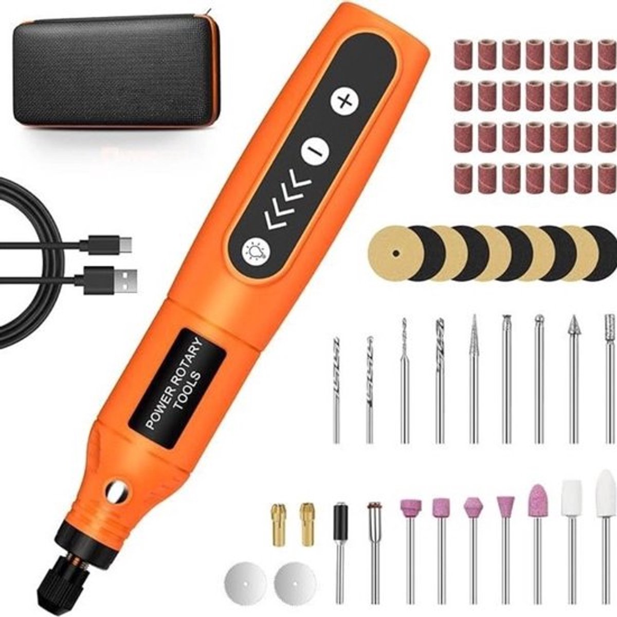 Snoerloos roterend gereedschap - met 61 accessoires - Multitool - 5-snelheden - Roterend Gereedschap - Accu - Schuurmachine - mini-roterend gereedschapsset - gereedschap - voor handgemaakte knutselwerkjes, doe-het-zelfcreaties - oranje kleur