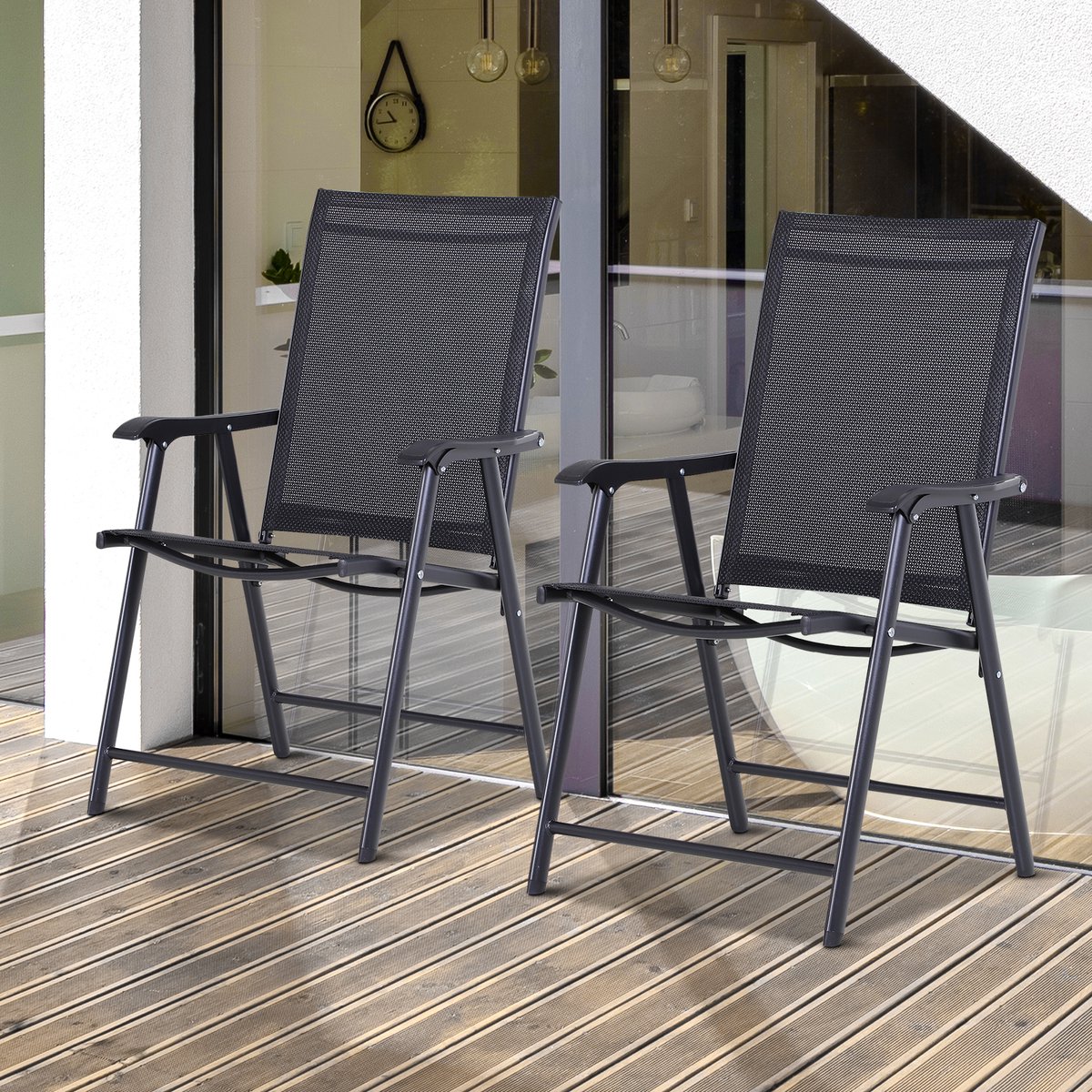 FloraGrace Campingstoel 58 x 64 x 94 cm - Opvouwbare Vouwstoel Set Van 2 Met Armleuningen - Voor Camping, Tuin, Balkon En Strand - Metaal En Textileen - Zwart