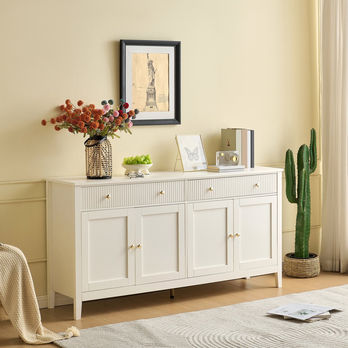 Wishdor - Dressoir - 2 lades en 4 deuren - verstelbare planken - modern design - keuken, eetkamer of woonkamer - bewerkt hout - wit - 160 x 40 x 82 cm