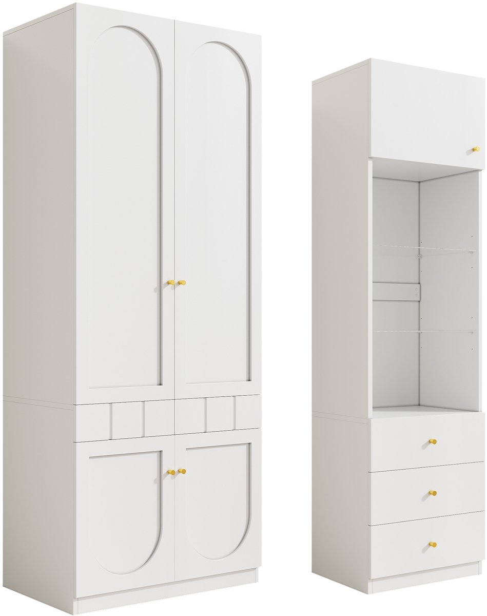 Wishdor Kledingkast set - 2-deurs kast met opbergkast en lades - Scandinavische stijl - Slaapkamer en kleine ruimte - Bewerkt hout - Wit - 80 x 50 x 200 cm