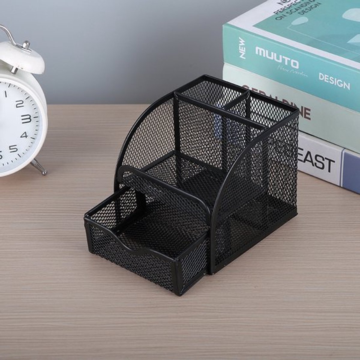 Metalen opbergdoos voor op het bureau, bureaupenhouder met 4 indelingsvakken, ruimtebesparende penhouder met schuiflade voor kantoorbenodigdheden, thuis en op school.