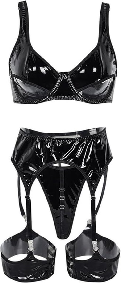 Sexy leren lingerie bodysuit voor dames, zwart gelakt PU-leer, sexy holle exotische lingerie voor dames, maat M (bovenlengte 30 cm, broeklengte 17 cm, roklengte 25 cm)
