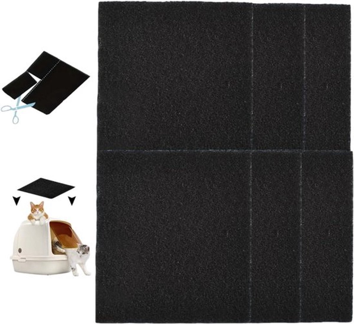 Filter voor kattenbakvulling - Set van 6 stuks - Actieve koolfilters - Vervangende koolfilter - Afmetingen 105 x 115 x 0,5 cm